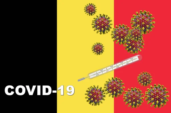 Corona病毒，covid-19，带有比利时国旗上的临床温度计 — 图库照片