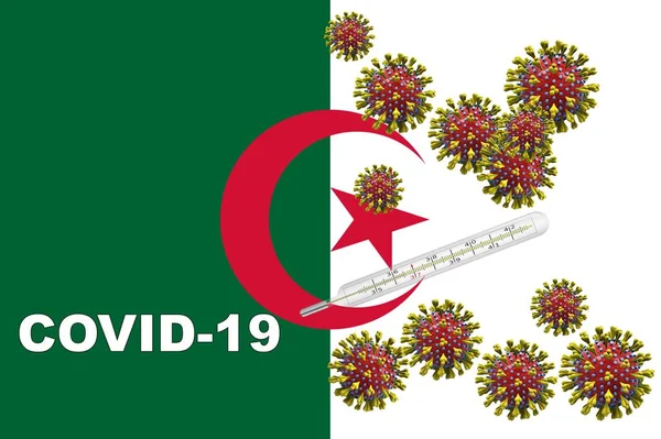 Vírus da Corona, covid-19 com termómetro clínico numa bandeira da Argélia — Fotografia de Stock