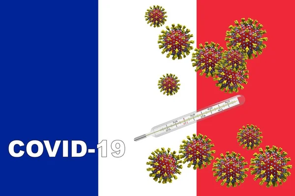 Illustrazione 3D, virus Corona, covid-19 con termometro clinico su bandiera francese . — Foto Stock