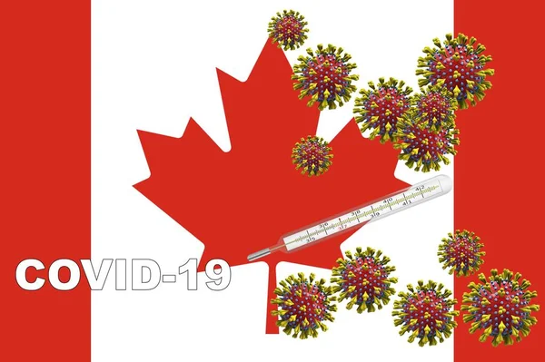 3Dイラスト,コロナウイルス,カナダのフラグ上の臨床温度計とcovid-19. — ストック写真