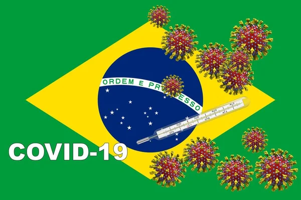 3Dイラスト,コロナウイルス,ブラジルのフラグ上の臨床温度計とcovid-19. — ストック写真
