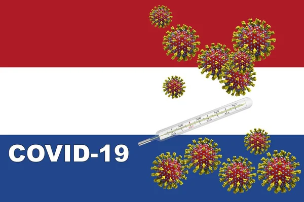 Ілюстрація 3d, вірус Corona, covid-19 з клінічним термометром на прапорі Нідерландів. — стокове фото