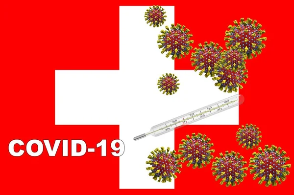 3D-Illustration, Corona-Virus, Covid-19 mit klinischem Thermometer auf einer Schweizer Flagge. — Stockfoto