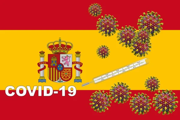 3D例，Corona病毒，带有西班牙国旗上临床温度计的covid-19. — 图库照片