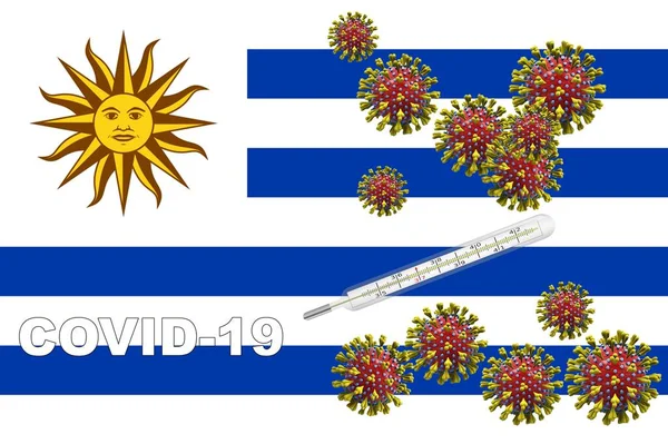 Ilustração 3D, vírus Corona, covid-19 com termômetro clínico em uma bandeira do Uruguai . — Fotografia de Stock