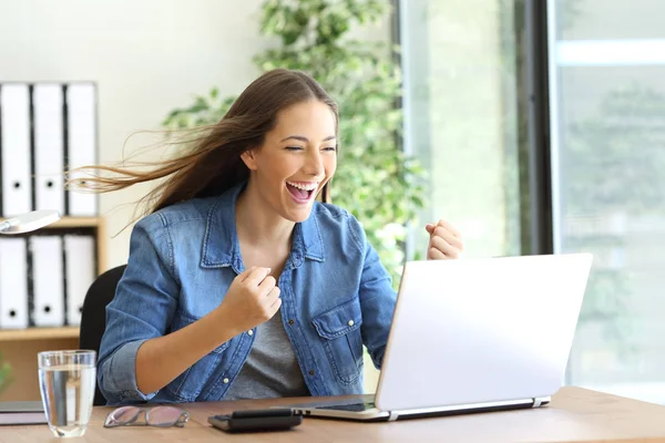 Aufgeregter Unternehmer arbeitet am Netz — Stockfoto