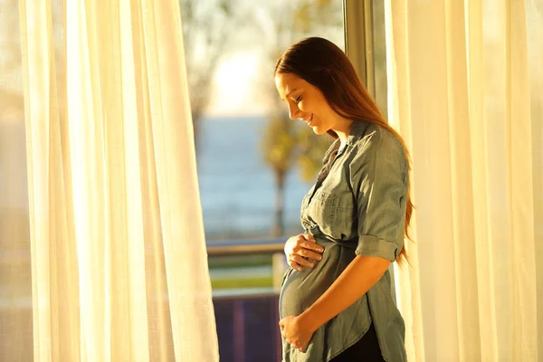 Mujer embarazada observando su vientre en casa — Foto de Stock