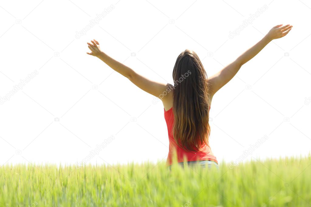 Happy woman raising arms in a field