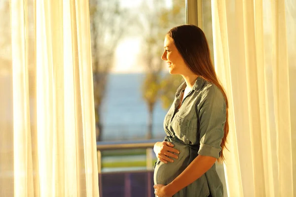 Mujer embarazada mirando a través de una ventana — Foto de Stock