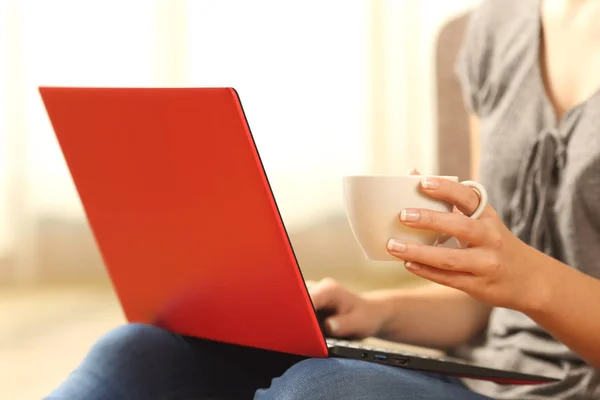 Gadis santai dengan laptop merah dan cangkir kopi — Stok Foto