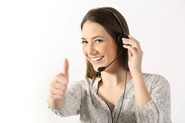 Phone operator looking at you on white — Stock Photo, Image