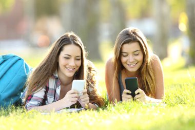 Akıllı telefonlarını bir parkta iki öğrenci manifatura