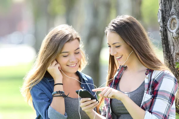 Dos amigos adolescentes felices escuchando música — Foto de Stock