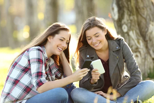 İki arkadaş akıllı telefonlarını medyada izlerken — Stok fotoğraf