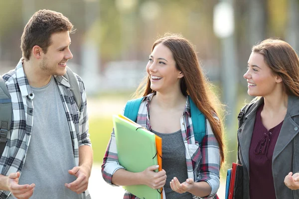 Diákok, gyaloglás és beszélő-ban egy campus — Stock Fotó