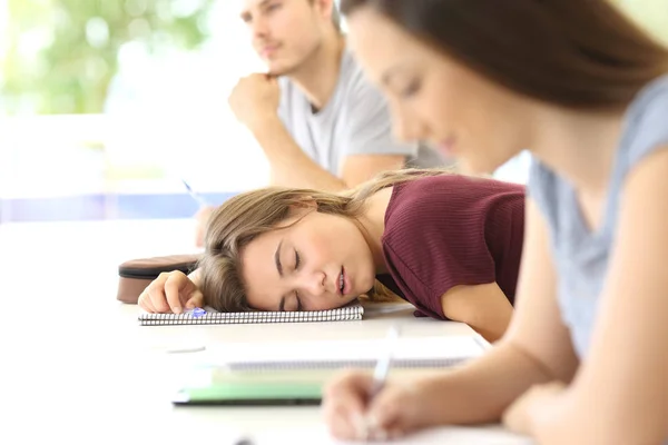 Trött student sover under en klass — Stockfoto