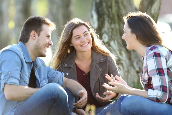 Tre vänner pratar sitter i en park — Stockfoto