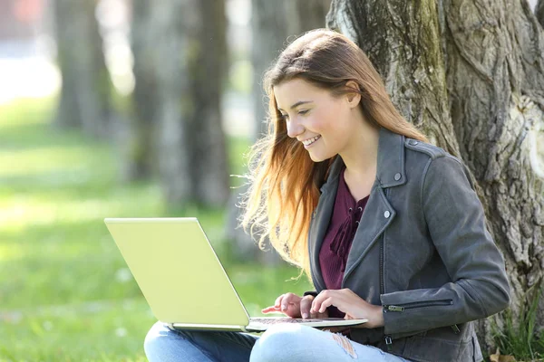 Feliz adolescente escribiendo en línea en un ordenador portátil — Foto de Stock