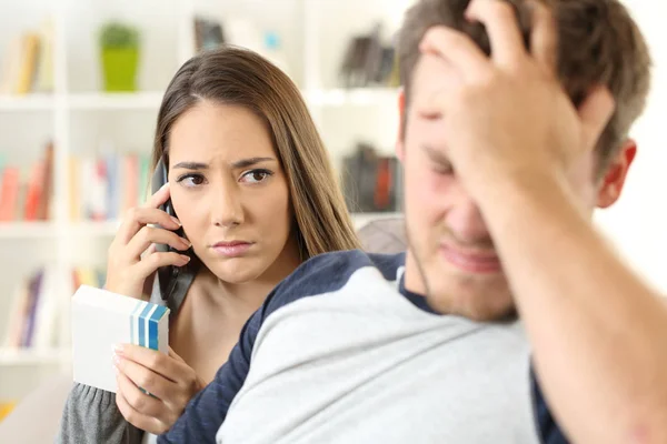 Worried wife calling doctor requesting information — Stock Photo, Image