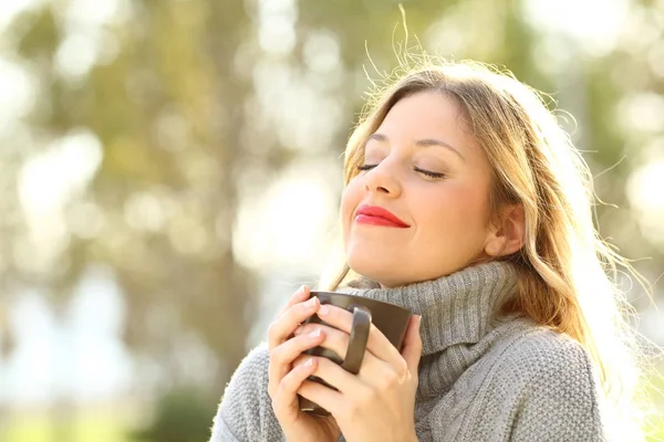 Menina relaxada respirando ao ar livre no inverno — Fotografia de Stock