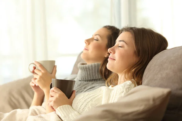 Colegas de quarto relaxando no inverno em um sofá — Fotografia de Stock