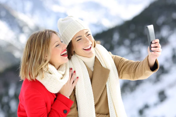 Freunde machen Selfies in einem verschneiten Berg — Stockfoto