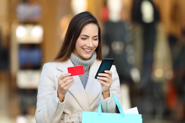Shopper holding shopping bags paying on line — Stock Photo, Image