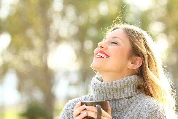 Happy lady breathing fresh air in winter — Stock Photo, Image