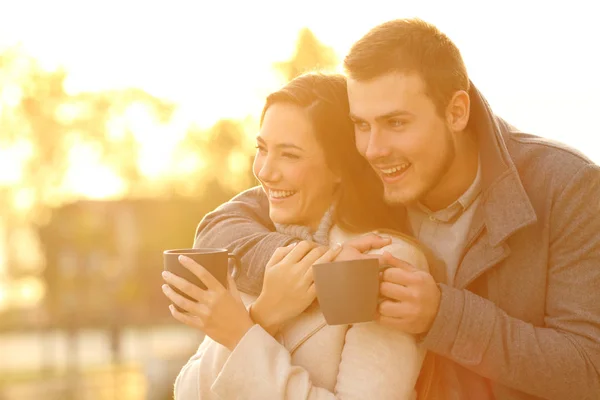 Pareja feliz mirando hacia otro lado en invierno al atardecer —  Fotos de Stock