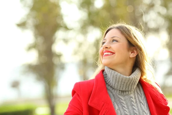 Porträt einer Frau, die im Winter nach draußen schaut — Stockfoto