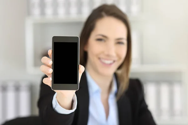 Esecutivo che mostra uno smart phone vuoto in ufficio — Foto Stock