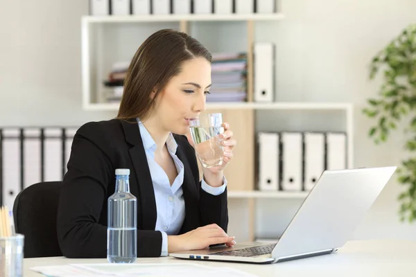 Büroangestellter trinkt Wasser, das am Netz arbeitet — Stockfoto