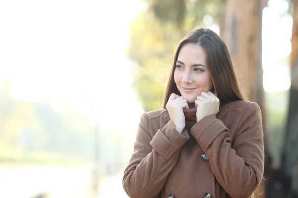 Tevreden vrouw verwarming in een park in de winter — Stockfoto