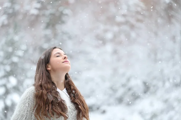 Ragazza rilassata respirando aria fresca godendo la neve in inverno — Foto Stock