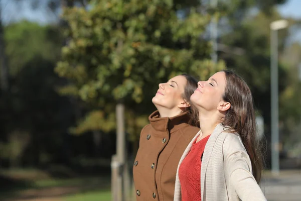 Două femei relaxate respiră aer proaspăt iarna într-un parc — Fotografie, imagine de stoc