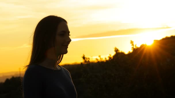 Silhouette Woman Breathing Fresh Air Sunset Mountain — Stock Video