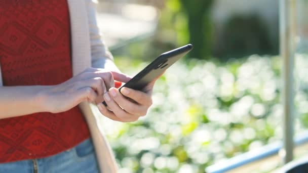 Primer Plano Una Mano Mujer Usando Teléfono Inteligente Parque Cámara — Vídeos de Stock