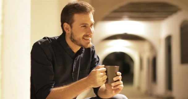 Happy Man Drinking Coffee Sitting Street Town Night — Stock Video