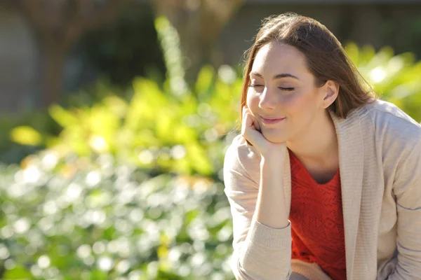 Satisfied Woman Resting Relaxing Sitting Park Sunny Day — Stock Photo, Image