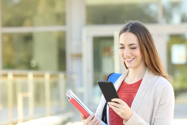 Happy Student Using Mobile Phone Walking College — Stock Photo, Image