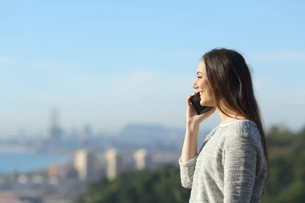 Side View Portrait Happy Woman Talking Mobile Phone City Outskirts — Stock Photo, Image