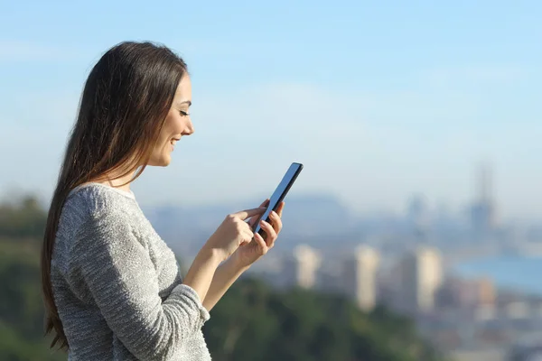 Side View Portrait Happy Woman Looking Her Phone Typing Coast — Stock Photo, Image