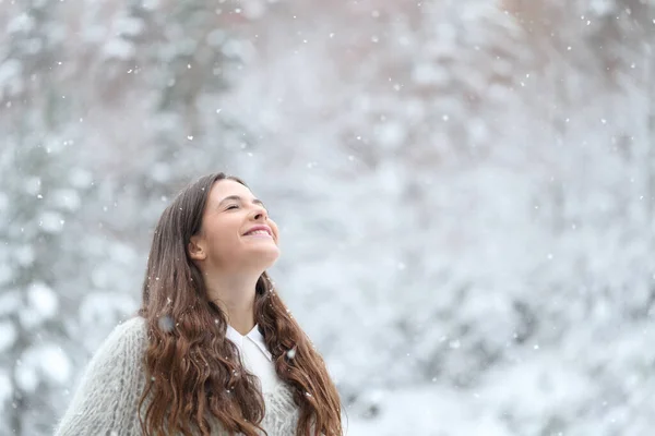 一个快乐的少女在冬天享受雪天的画像 — 图库照片