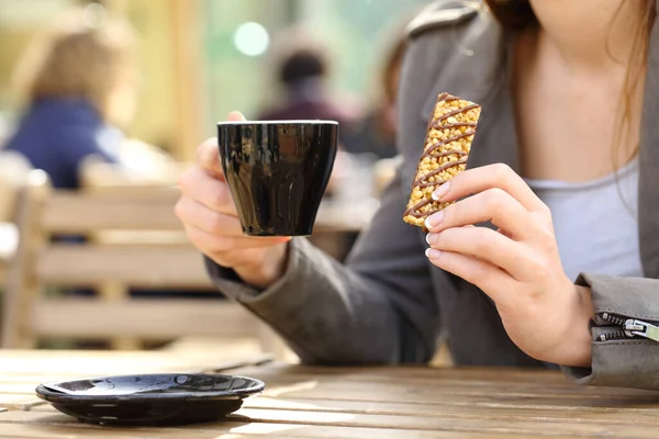 Close Woman Hands Holding Snack Cereal Bar Coffee Cup Cafe — Stock Photo, Image