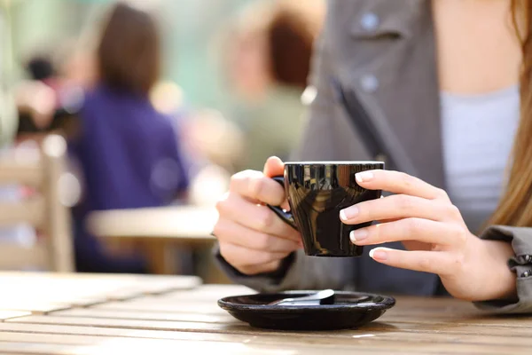 Close Woman Hands Holding Coffee Cup Cafe Terrace — Stock Photo, Image