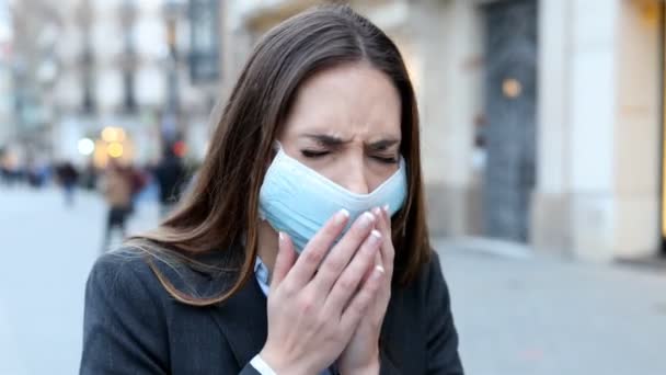 Ill Executive Wearing Protective Mask Coughing Walking Street — Wideo stockowe