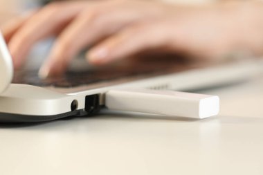 Dizüstü bilgisayarda çalışan kadınların ellerini ön planda fişi takılı bir kalem sürücüsüyle kapatın.