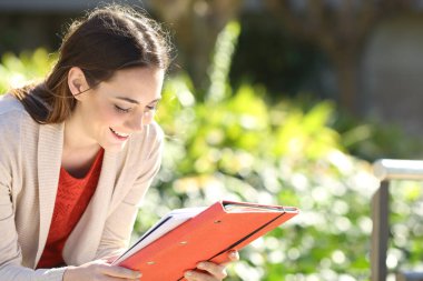 Dosyasıyla ve defteriyle güneşli bir günde parkta ders çalışan mutlu öğrenci kız.