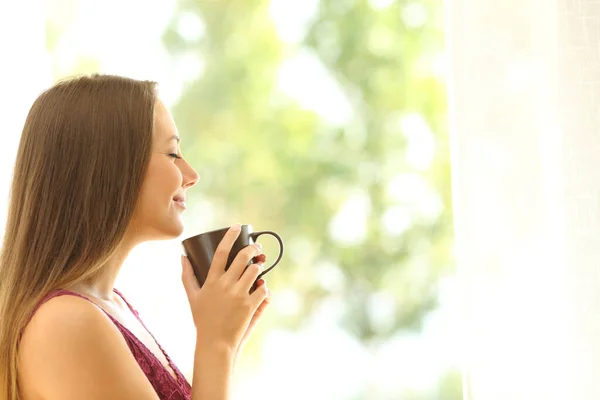 Visão Lateral Retrato Uma Mulher Satisfeita Cheirando Xícara Café Lado — Fotografia de Stock