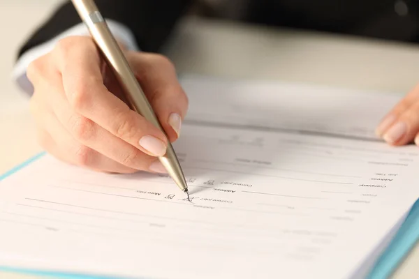 Close Executive Woman Hand Filling Form Checking Yes Checkbox Sitting — Stock fotografie